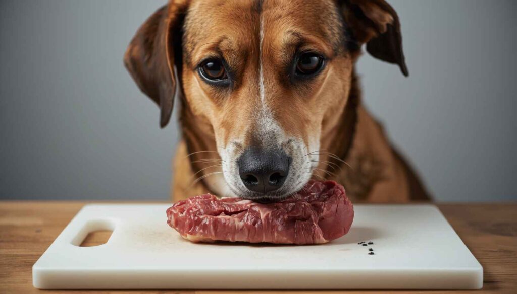 A brown dog beginning to eat a piece of raw lamb placed on a white cutting board