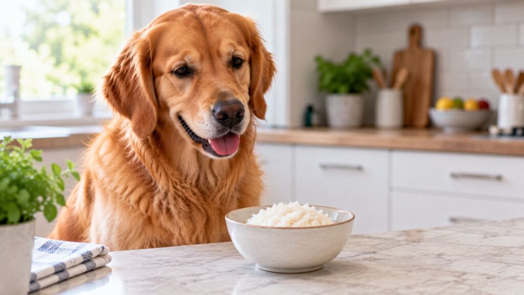 Healthy Golden Retriever sitting beside a small bowl of plain cooked white rice