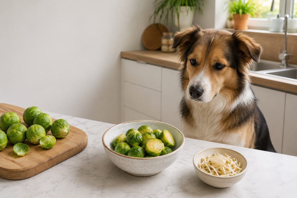 Healthy dog sitting beside a bowl of plain cooked Brussels sprouts and fresh bean sprouts