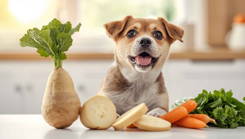 Dog sitting with swede vegetable and carrots – can dogs eat swede safely