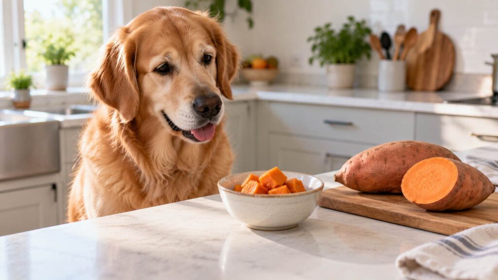 Healthy dog sitting beside a bowl of plain cooked sweet potato pieces