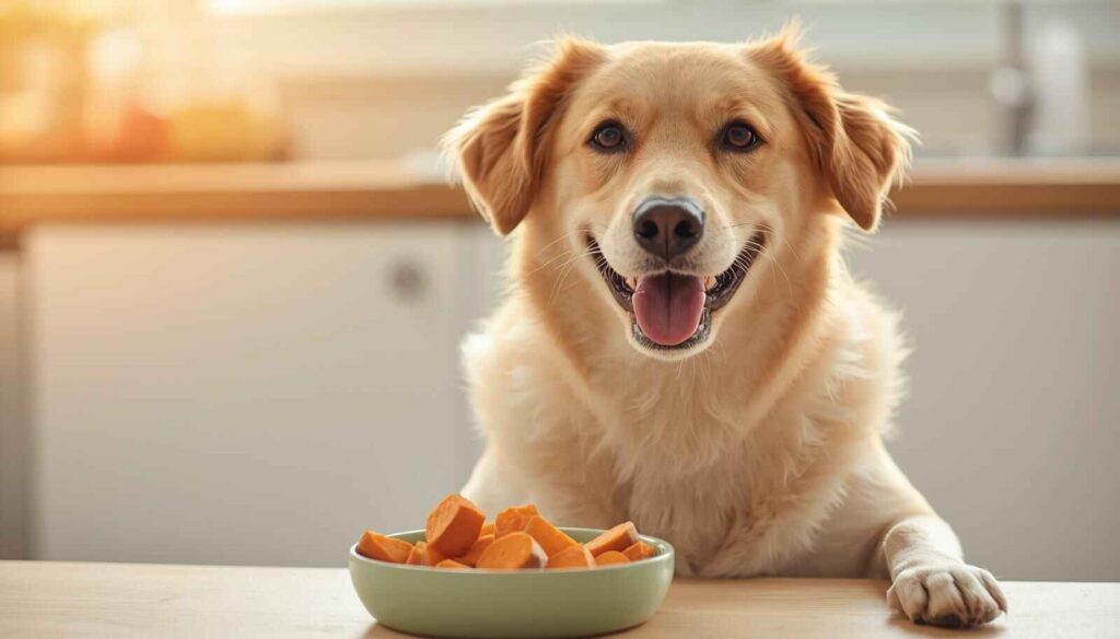 Can dogs eat sweet potato – dog with cooked sweet potato slices