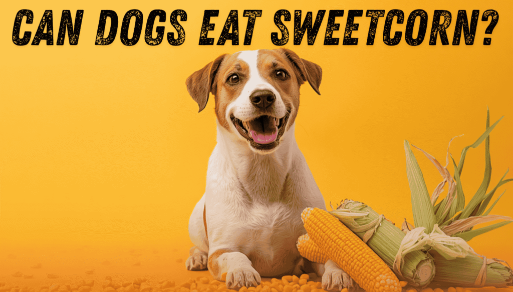 Happy dog sitting beside fresh sweetcorn kernels and corn on the cob on a clean background