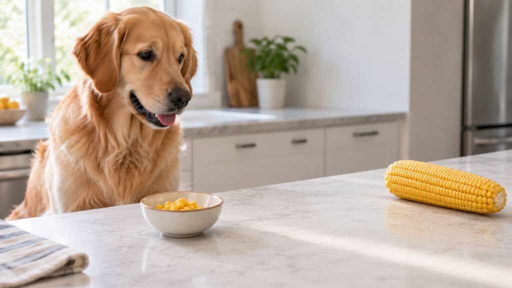 Dog beside a bowl of plain cooked sweetcorn kernels with a whole corn cob kept separately