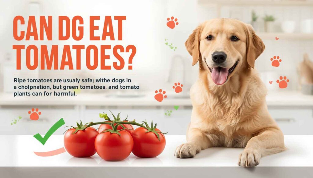 Happy dog sitting beside ripe red tomatoes with text “Can Dogs Eat Tomatoes?” in a colorful pet health infographic.