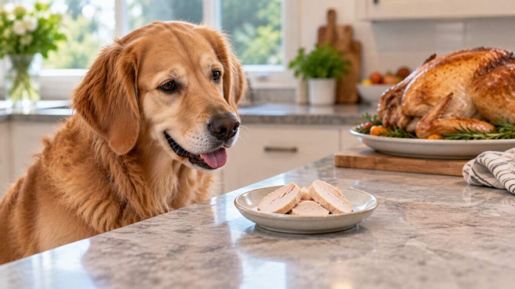 Dog sitting beside a small plate of plain cooked skinless boneless turkey breast