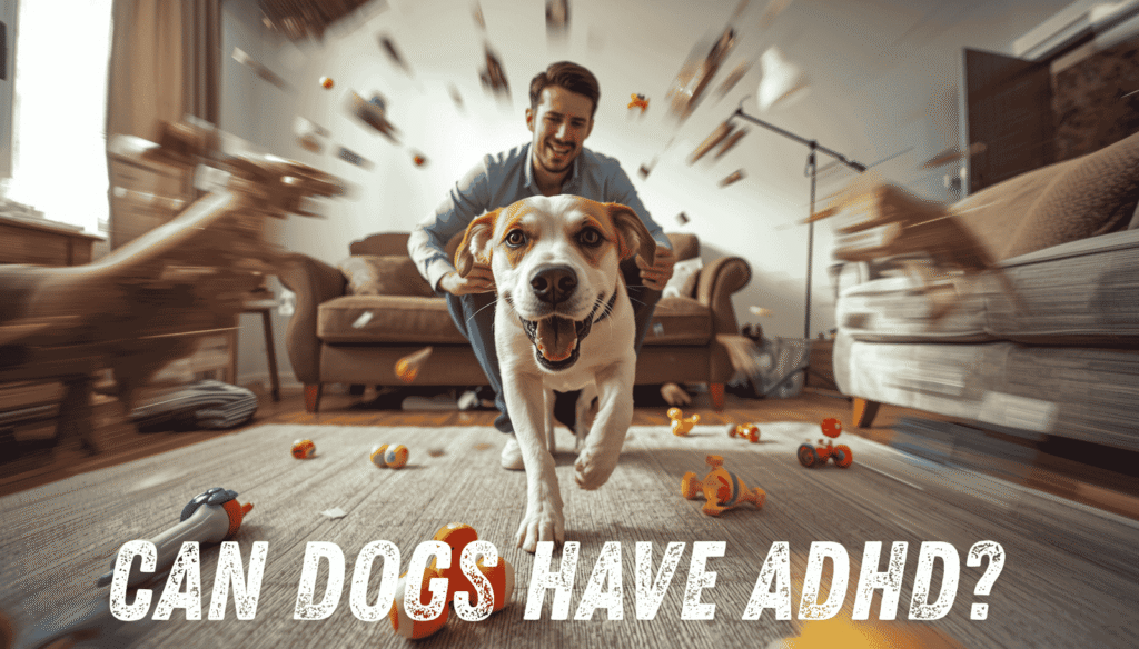 Hyperactive dog running around a living room while owner looks overwhelmed.