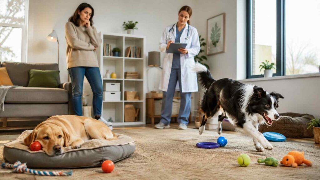 Calm Labrador resting while an energetic Border Collie remains restless indoors as a veterinarian reviews the dog's behaviour.