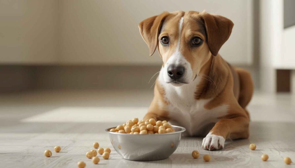 Dog looking at a bowl of chickpeas on the floor – can dogs eat chickpeas safely