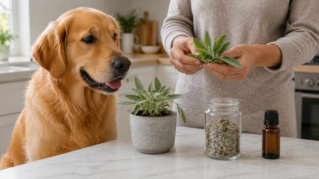 Golden Retriever sitting beside fresh culinary sage leaves, dried sage, and sage essential oil on a kitchen counter.