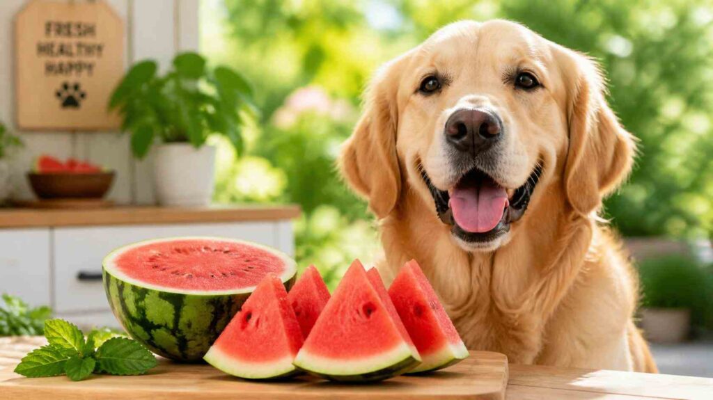 Happy dog beside fresh watermelon slices in a bright summer setting