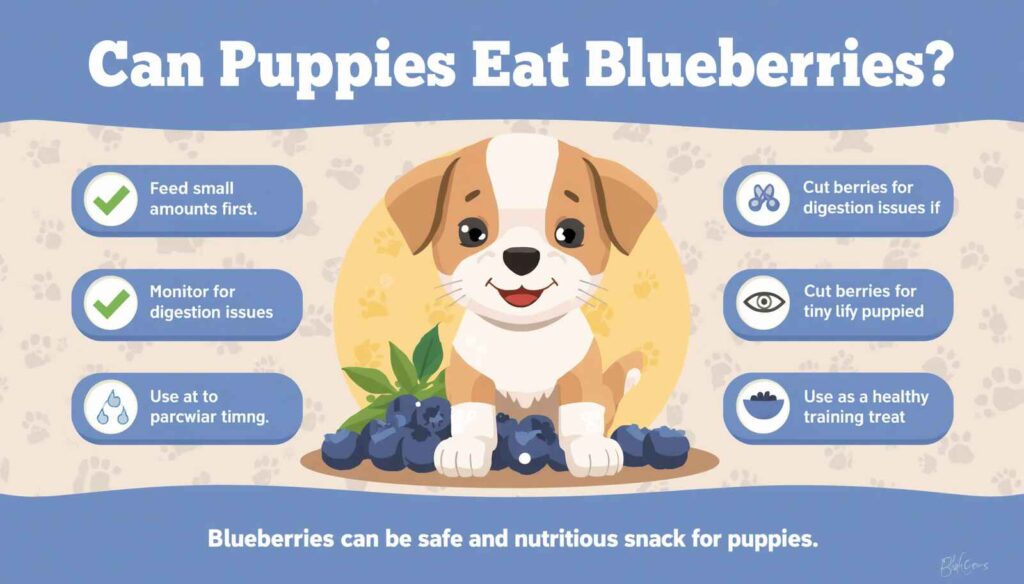 Cute puppy beside fresh blueberries with feeding tips showing blueberries as a healthy snack option for puppies.