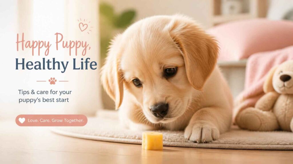 Cute puppy looking at a small piece of cheese indoors with soft lighting and caring atmosphere