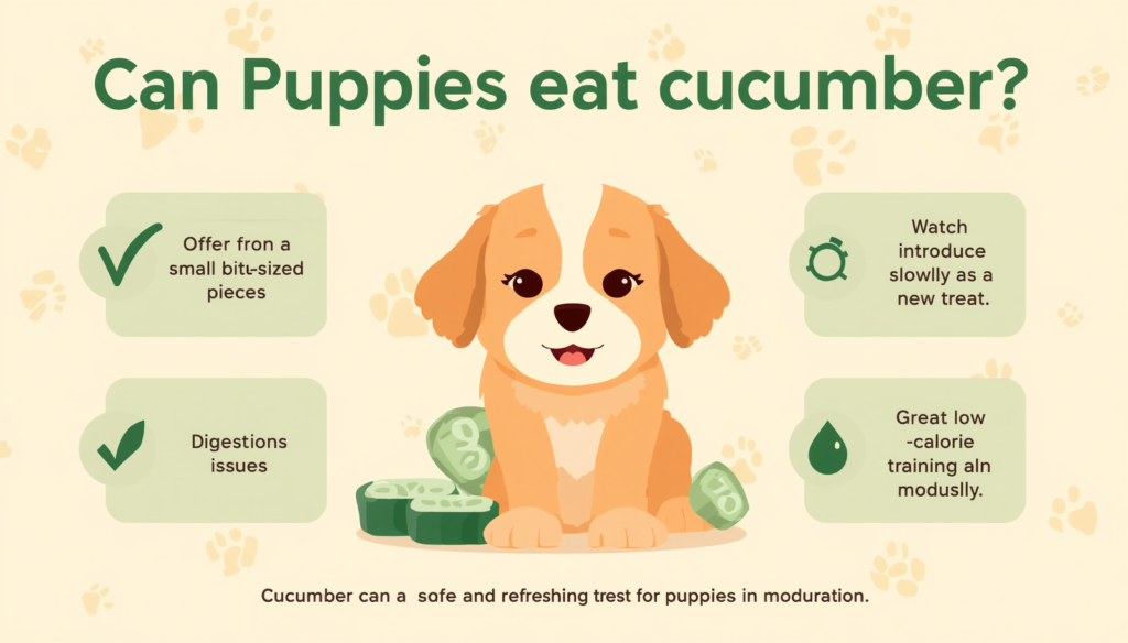 Cute puppy beside cucumber slices with feeding tips explaining safe cucumber treats for puppies.