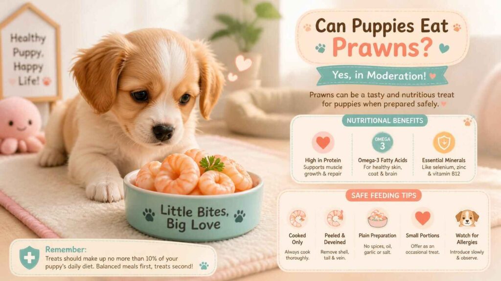 Cute puppy looking at safely prepared cooked prawns in a pet-friendly setting