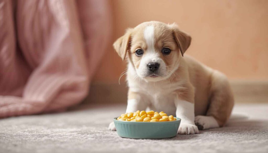 Cute puppy sitting near a bowl of sweetcorn kernels in a cozy indoor setting