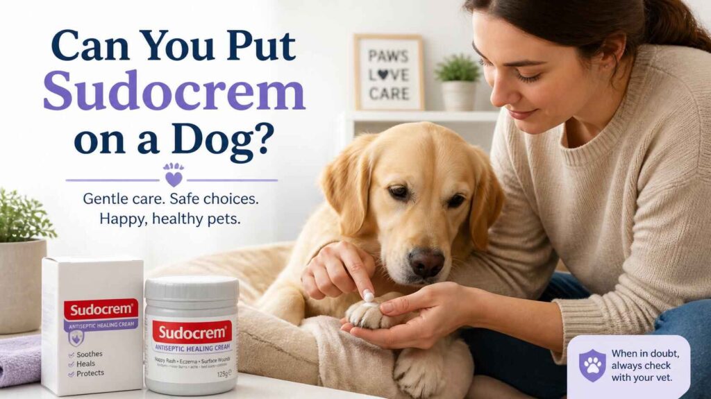 Woman applying Sudocrem antiseptic healing cream to a dog’s paw for dry skin and minor irritation treatment.