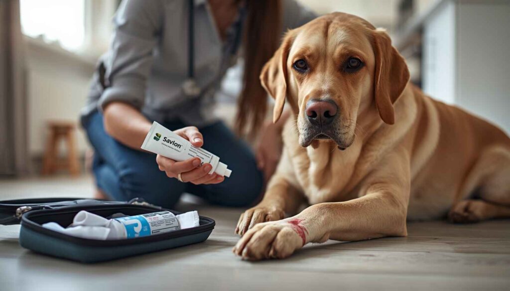 Can You Use Savlon on Dogs? Dog owner checking a cut on a Labrador's paw before using Savlon antiseptic cream.