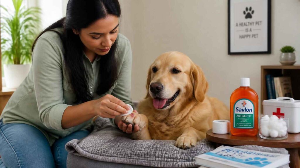 Dog owner cleaning a dog’s paw wound with Savlon antiseptic at home.