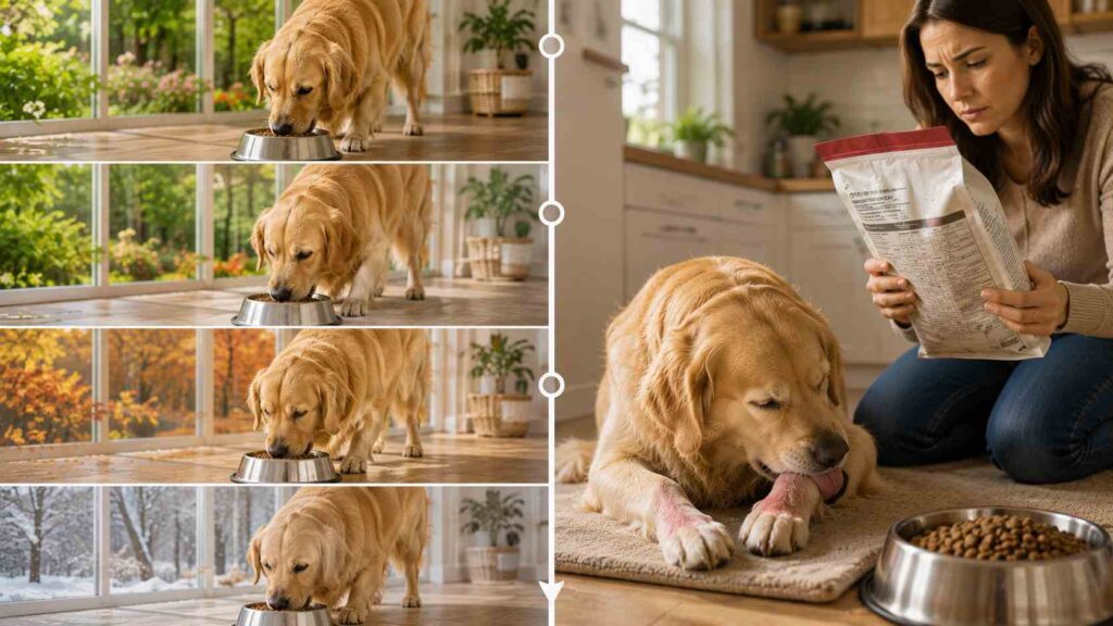 Split illustration showing the same dog eating chicken safely for years before later developing itchy paws and allergy symptoms.