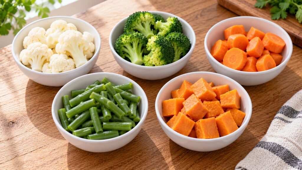 Five bowls containing cauliflower, broccoli, carrots, green beans and cooked sweet potato on a wooden table.