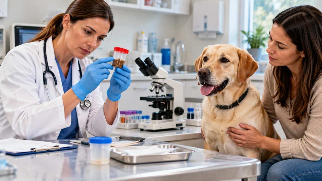 Veterinarian examining a stool sample to investigate possible causes of mucus in dog poop.