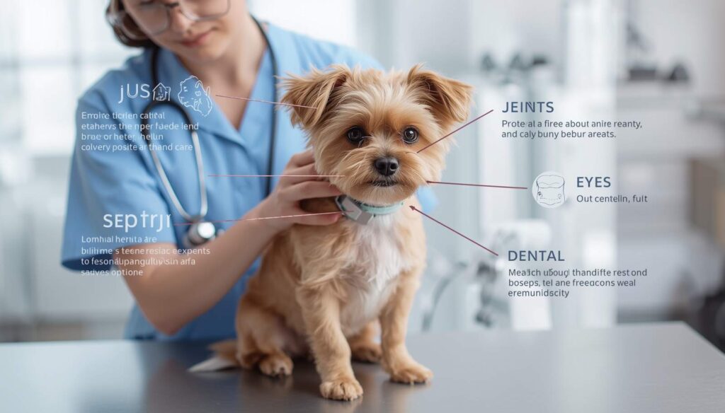 Veterinarian examining a Cavapoochon during a health checkup at a clinic.
