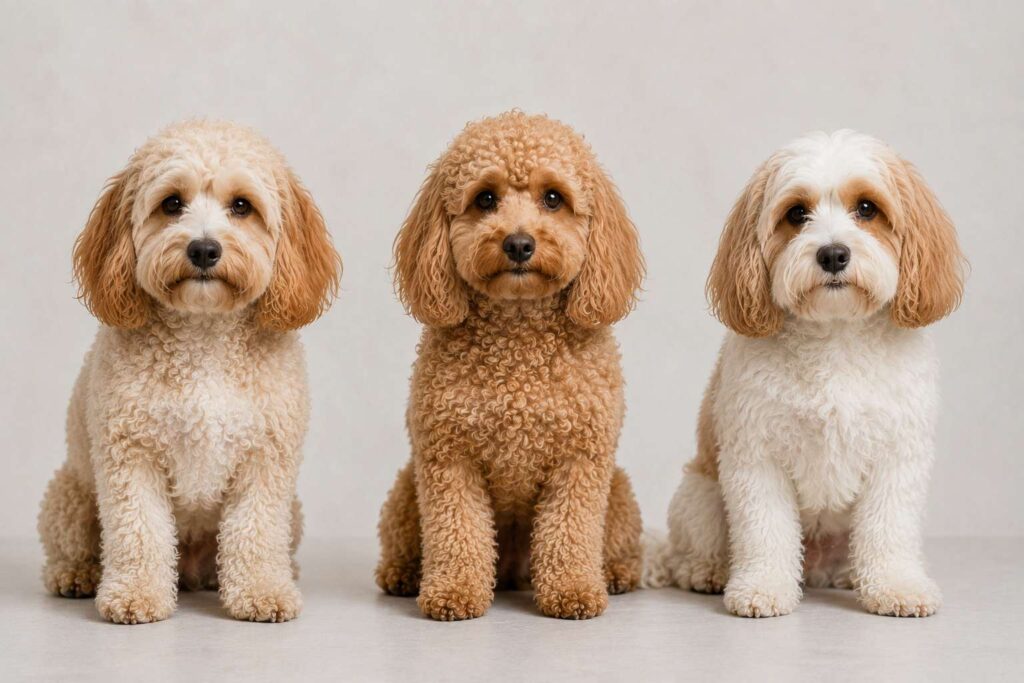 Cavapoochon, Cavapoo and Cavachon standing side by side for a realistic breed comparison
