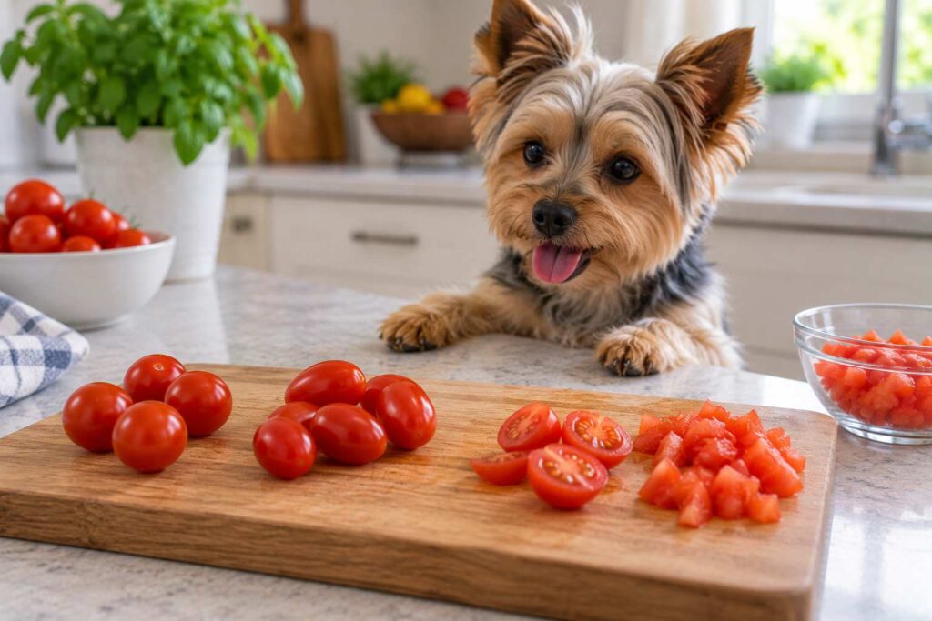 Small dog beside whole and safely cut cherry and grape tomatoes demonstrating choking prevention