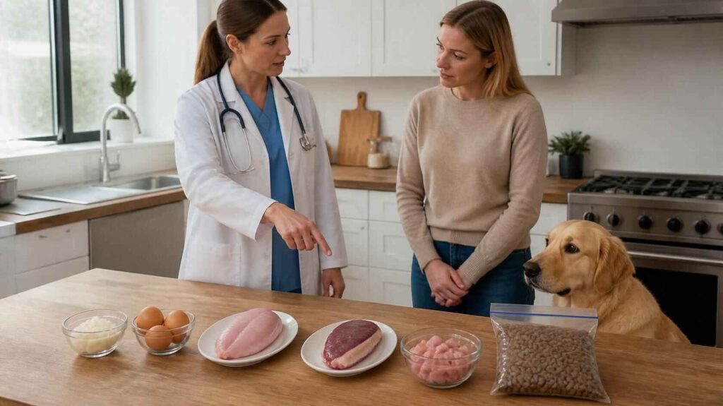 Veterinarian comparing chicken fat, eggs, turkey, duck, and hydrolyzed dog food while discussing protein differences with a pet owner.