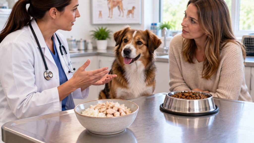 Veterinarian discussing a chicken and rice meal with a dog owner beside a complete dog food meal
