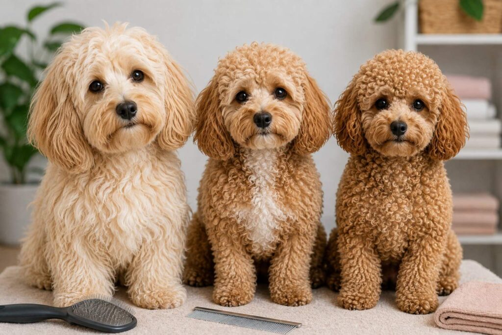 Cavapoochons with wavy, curly and tightly curled coat types shown for comparison