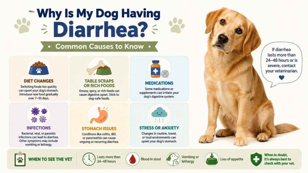 Infographic showing common causes of black dog poop beside a dog