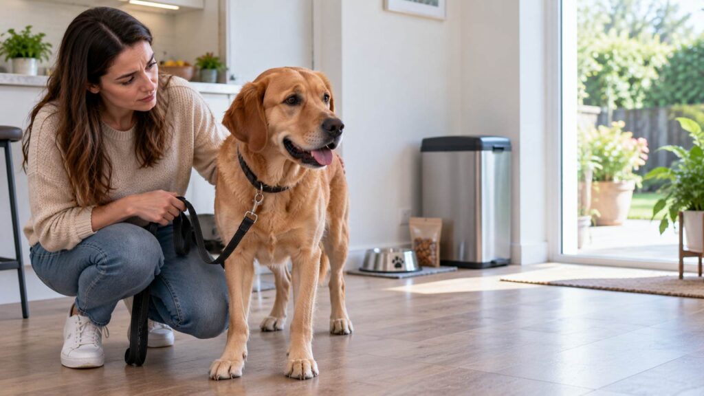 Concerned dog owner observing an alert dog beside food and water bowls at home