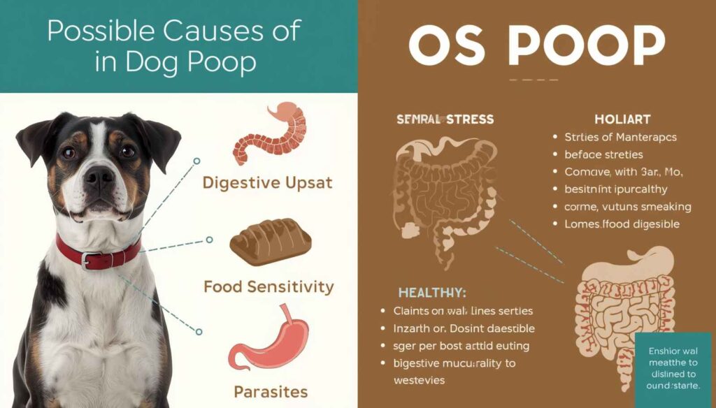 Dog with digestive problem infographic showing common causes of mucus in stool