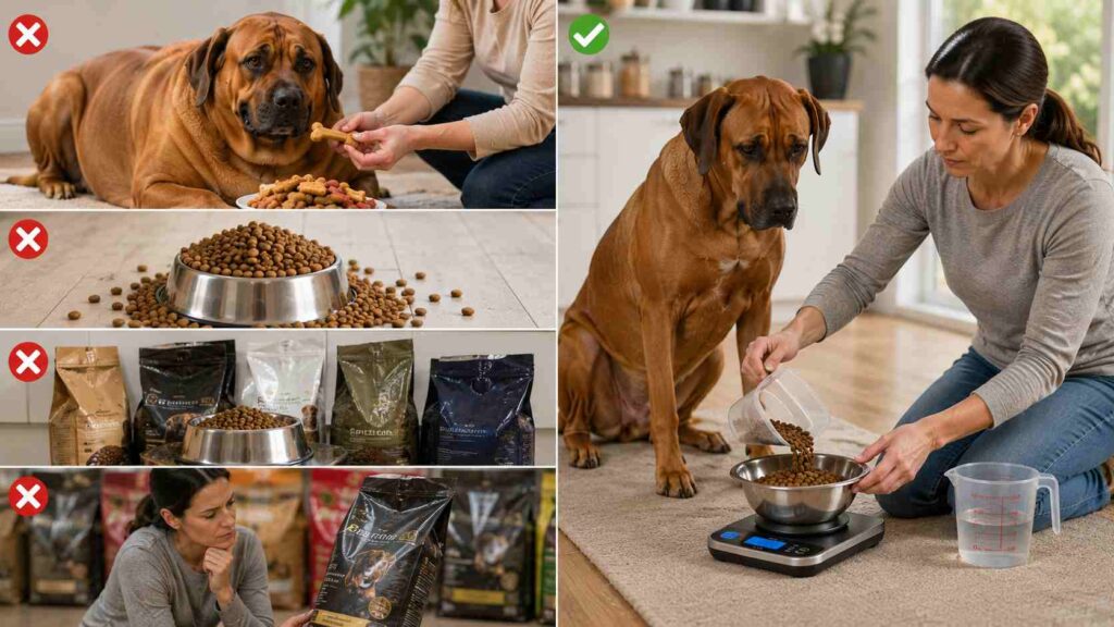 Comparison of common Rhodesian Ridgeback feeding mistakes versus correct portion control and measured meals.