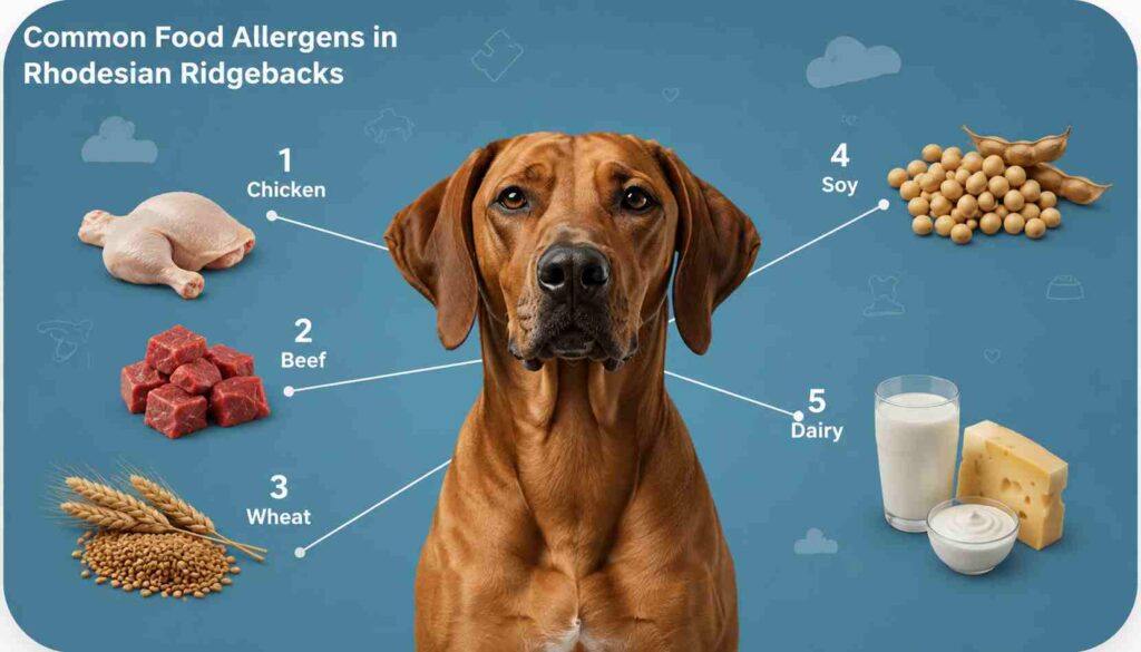 Rhodesian Ridgeback showing food allergy symptoms near common allergen ingredients