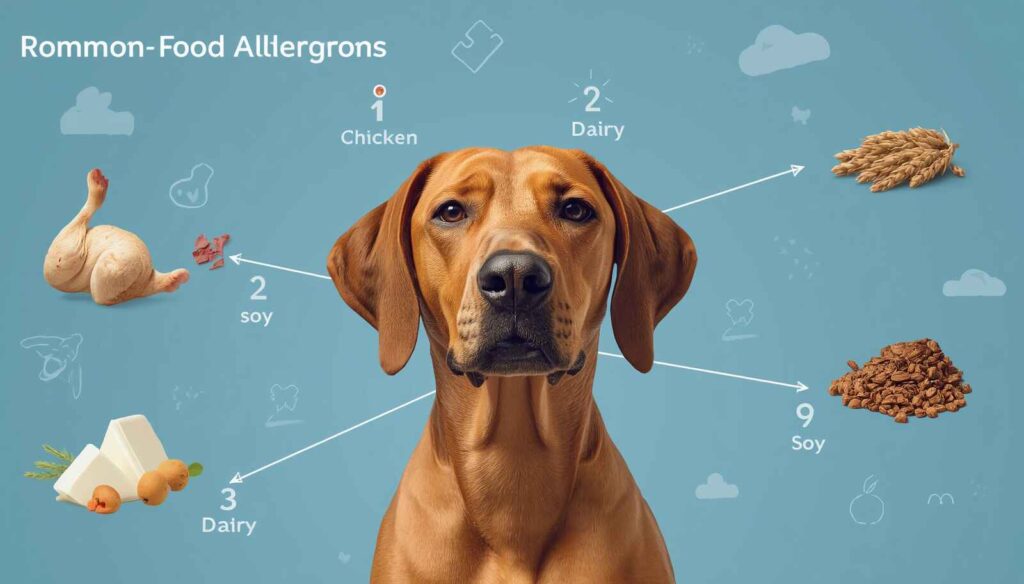Rhodesian Ridgeback showing food allergy symptoms near common allergen ingredients