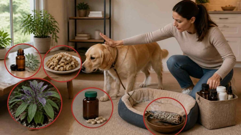 Dog owner correcting unsafe practices involving sage essential oil, stuffing, herbal supplements, and unidentified sage plants.