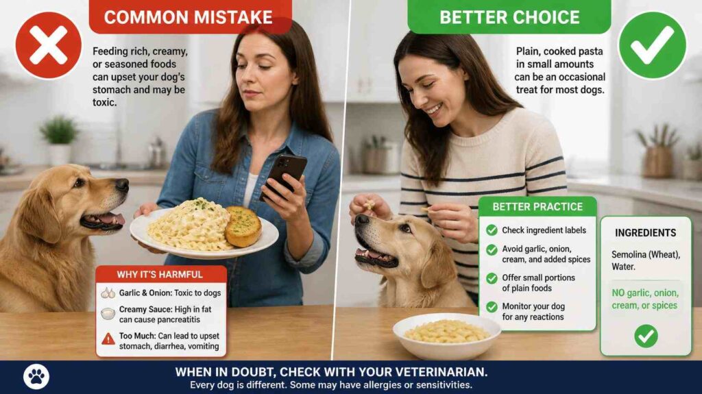 Dog owner checking pasta ingredients before sharing food while avoiding common feeding mistakes