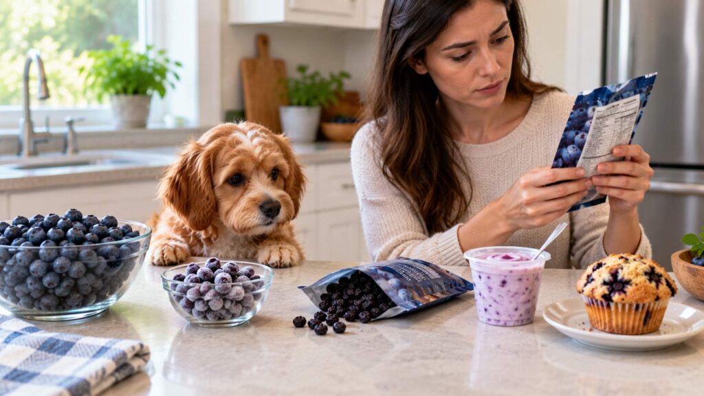 Dog owner checking packaged blueberry foods beside frozen, dried and fresh blueberries