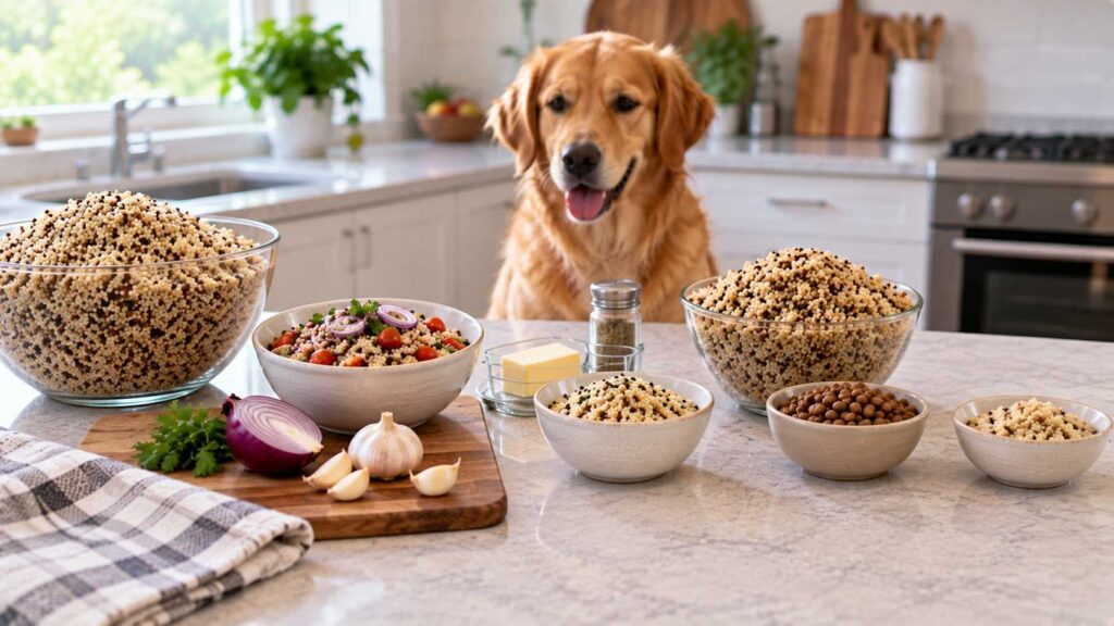 Large seasoned quinoa meal compared with a small plain portion for a dog