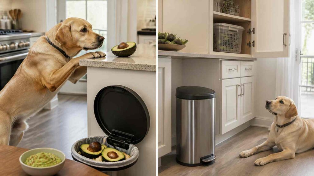 Split scene showing unsafe avocado storage beside safe food storage practices to prevent dogs from eating avocado.