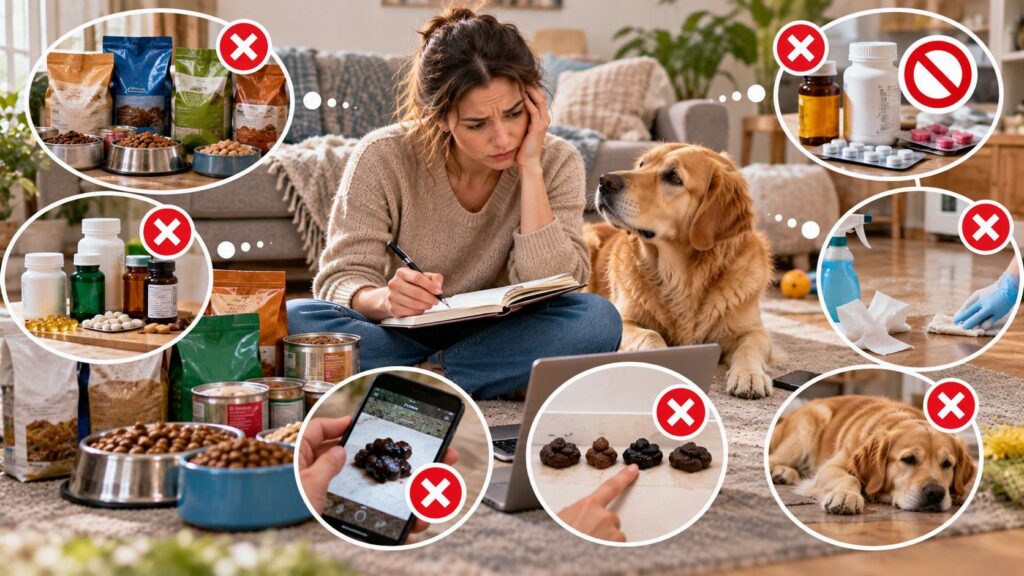 Dog owner reviewing multiple foods, supplements and medications while assessing an unexplained change in stool colour.