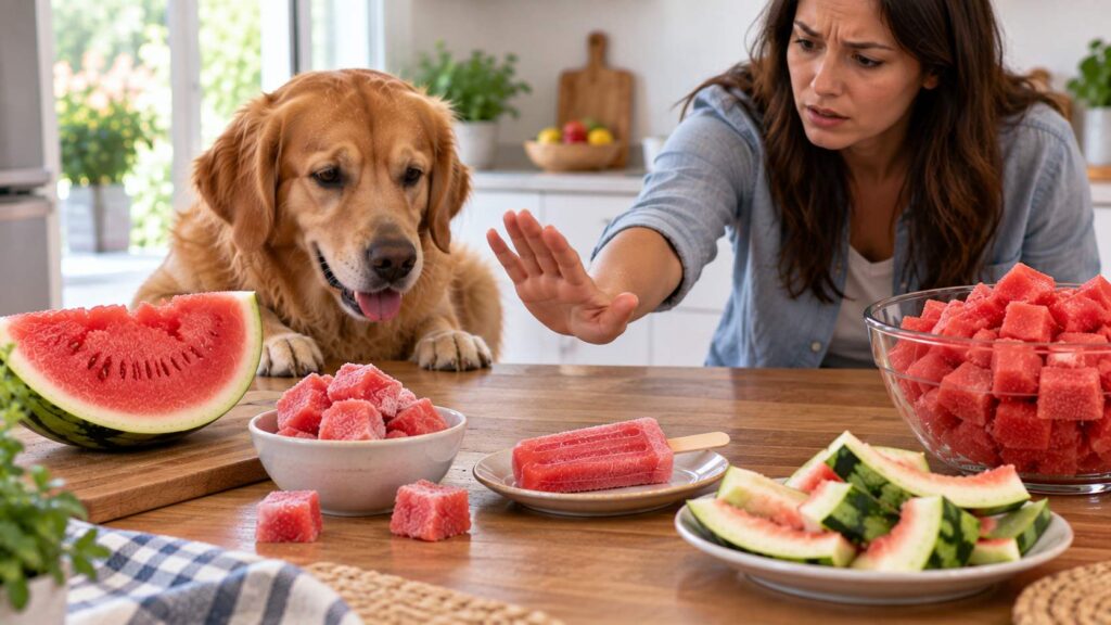 Dog approaching whole watermelon rind, oversized frozen chunks and a human watermelon popsicle