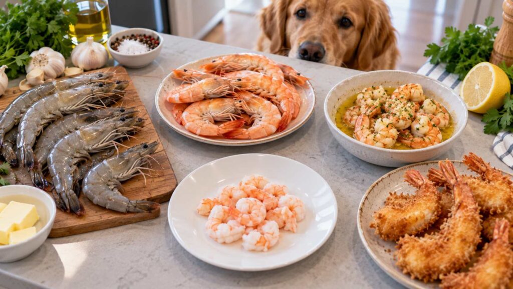 Kitchen counter displaying raw prawns, shell-on prawns, garlic-butter prawns, fried prawns, and plain peeled prawn meat.