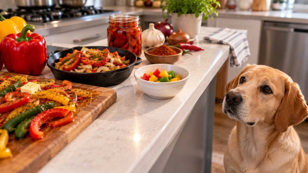 Dog near seasoned peppers, chilli powder and plain prepared bell pepper pieces