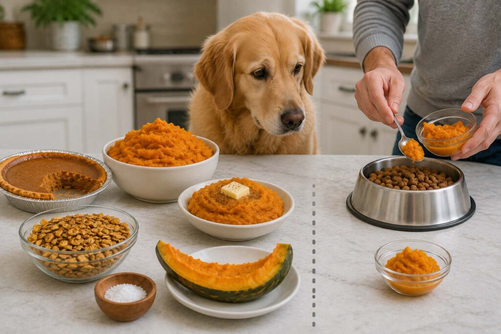 Common dog feeding mistakes including pumpkin pie filling, seasoned seeds, rind and oversized portions