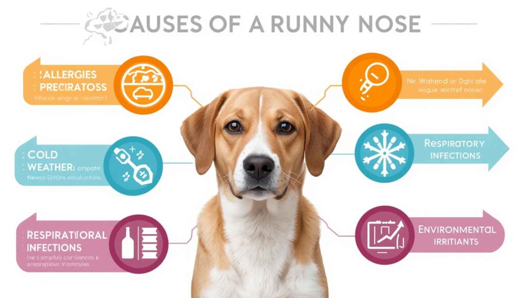Educational infographic showing common causes of a runny nose in dogs
