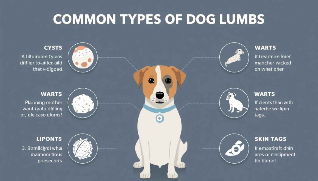 Infographic showing different types of dog lumps including cysts, lipomas, and skin tags.